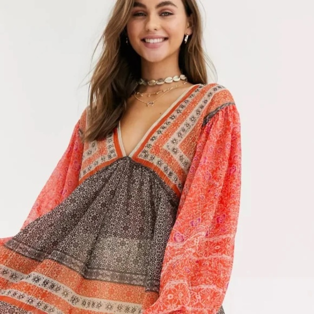 NWOT Free People Aliyah Orange Brown Gold Metallic Printed Boho Tunic Top Medium - Picture 3 of 15
